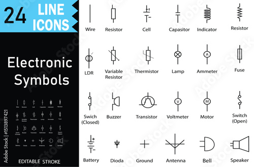 Simple Electrical Electronic Symbols in Outline Style