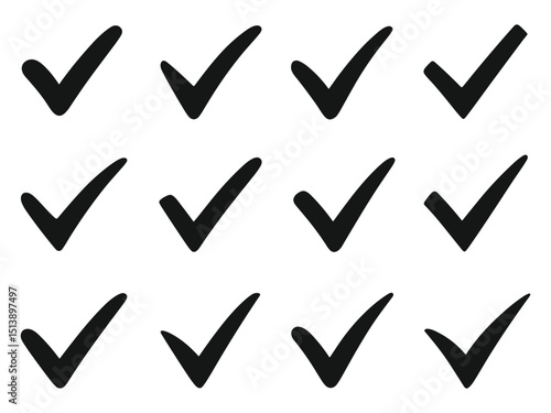 Set of Black Check Mark Icons – Hand Drawn Tick Symbols Collection for Checklist, Task, and UI Design