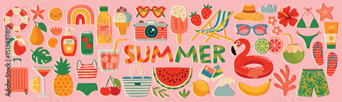 Summer  graphic elements set. Collection of Hand drawn summer food, drinks, fruits and other elements for your design. Vector illustration. 