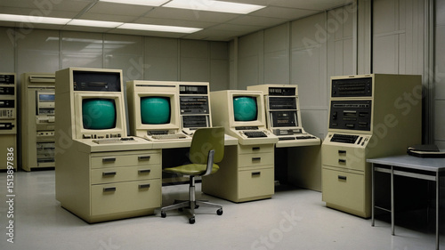 Vintage 1970s computer control room with green CRT monitors mainframe terminals and retro office furniture