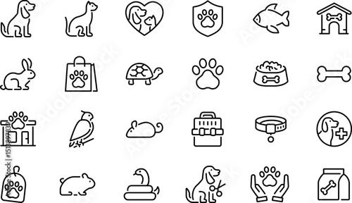 Pets web icons in line style. Dog, cat, rabbit, hamster, bird, bone, pets, vet help