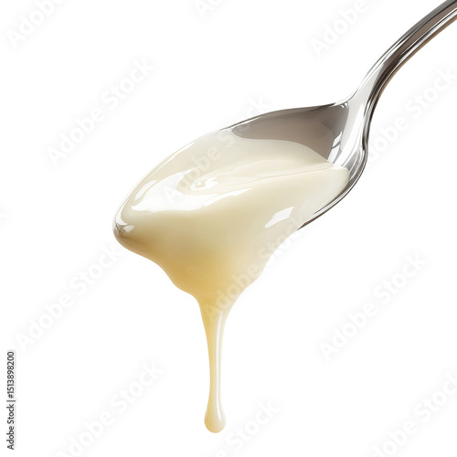 A close-up shot of a spoon with flowing of condensed milk. A trickle of milky goodness is gracefully dripping from the spoon