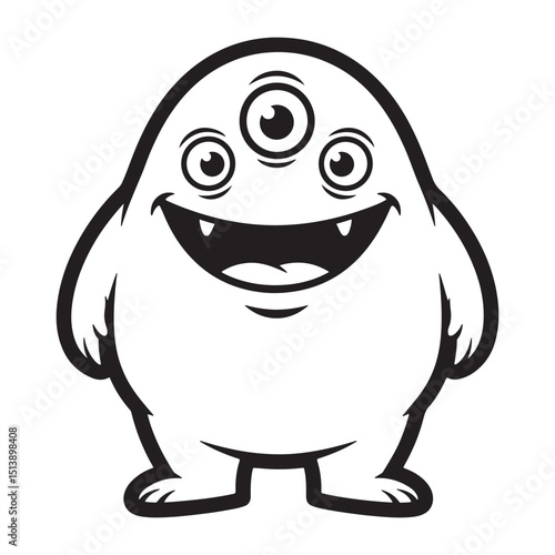A cheerful cartoon monster with three eyes and a toothy grin