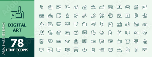 Digital Art vector icon set. Related to artwork, graphic, designer, drawing, paint and more. Artwork icon set. Minimal icons pack. Editable stroke.