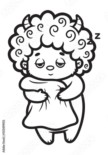 Sleepy Curly Haired Monster Hugging Blanket with Z's Floating Above Head