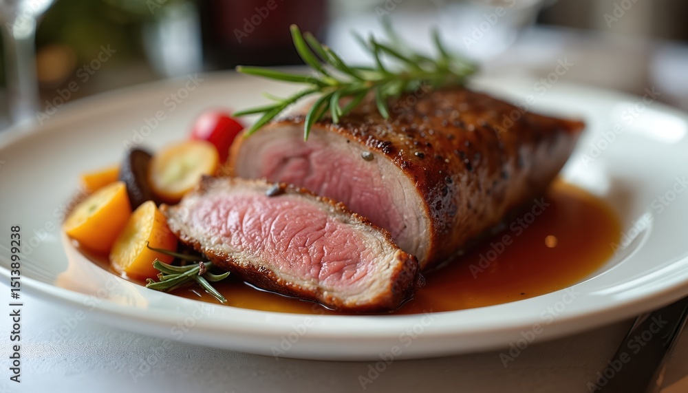 Roasted magret de canard, served on white plate. Sliced duck breast, garnished with fresh herbs, vegetables. Gourmet dinner dish. Culinary concept for fine dining, restaurant menu. Roasted magret de canard, served on white plate. Sliced duck breast, garnished with fresh herbs, vegetables. Gourmet dinner dish. Culinary concept for fine dining, restaurant menu.