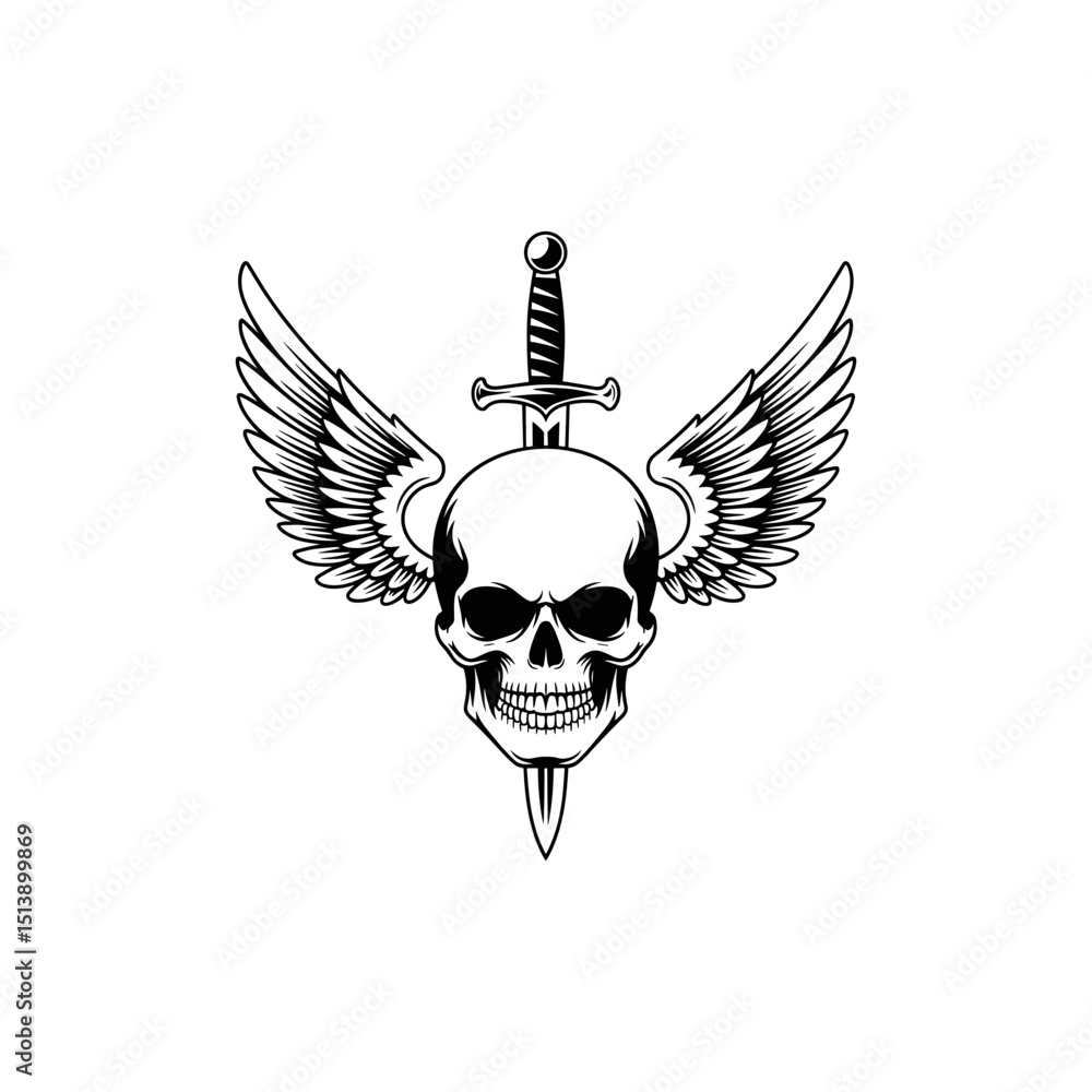 Obraz premium Skull with Sword and Wings Icon: A macabre yet artistic depiction of a skull pierced by a sword, adorned with wings, set against a stark background.