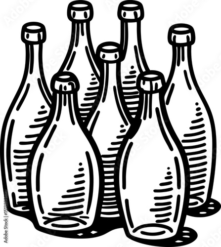Empty glass bottles arranged together vintage hand drawn illustration, black and white contour line
