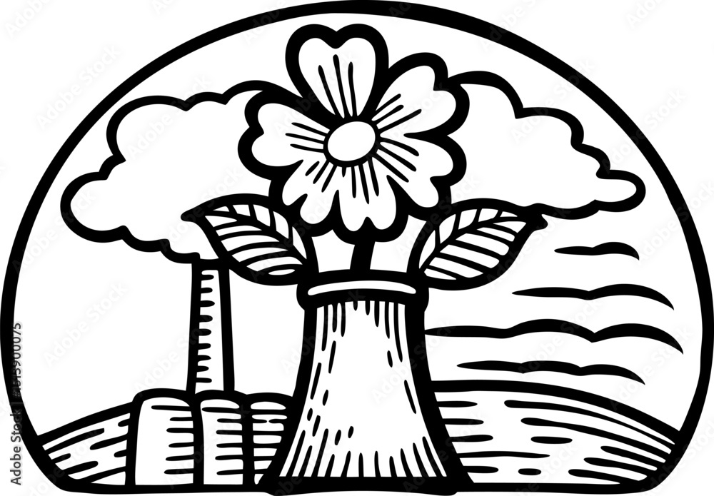 Fototapeta premium Flower in vase with trees and landscape background, simple black and white line drawing illustration
