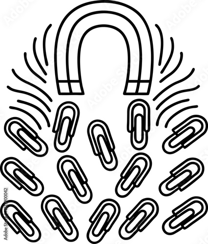 Magnet attracting metal paper clips magnetic field lines and force concept, iron objects pulled by horseshoe magnet
