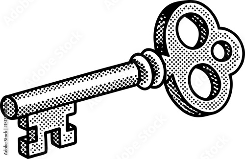 Vintage ornate skeleton key illustration antique security symbol, retro locksmith tool, classic object isolated