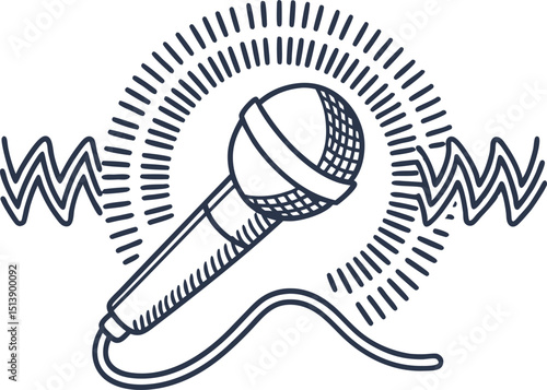 Hand drawn microphone with sound waves retro audio technology illustration, music performance, voice recording concept
