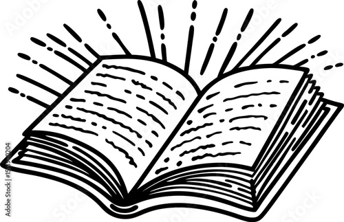 Open book with radiating lines symbolizing inspiration and knowledge sketch education, reading, learning concept