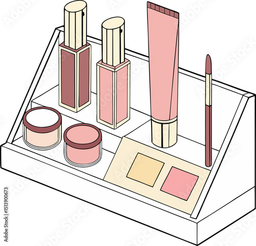 Shelves with beauty product items. cosmetic products in bottles, jars, tubes for skin and hair care. Stock vector illustration in flat style isolated on white background