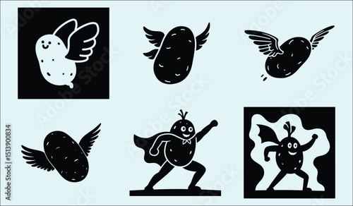 Whimsical Potato Character Illustrations Flying Potatoes and a Potato Superhero