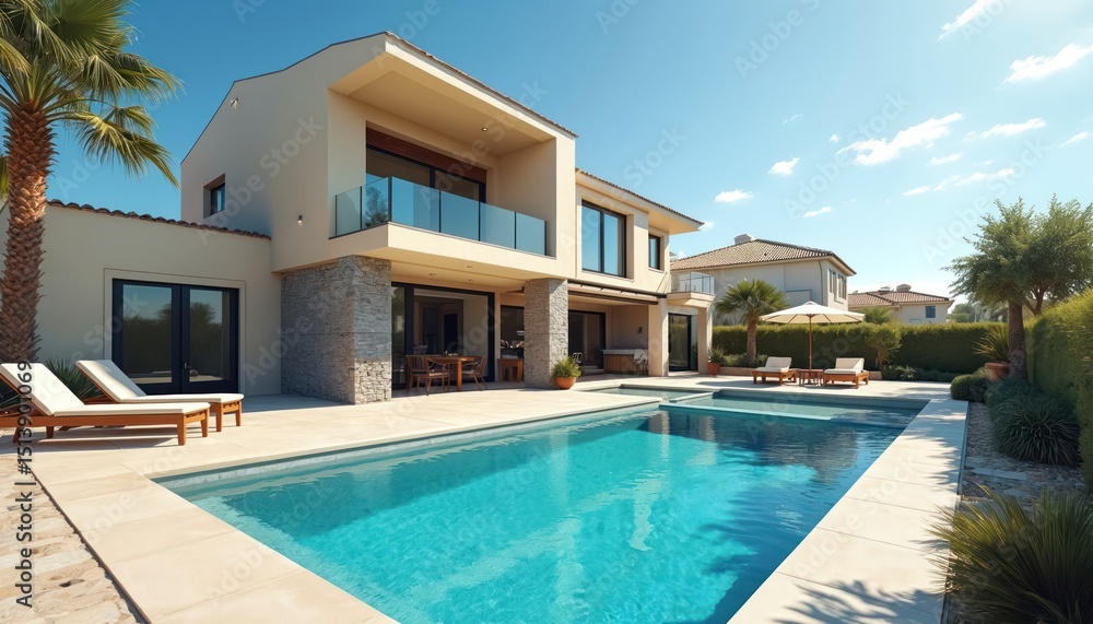 Fototapeta premium Luxury modern house with pool backyard on sunny day. Villa with blue water swimming pool. Tropical vacation rental resort for family. Comfortable home, elegant design, bright style. Real estate
