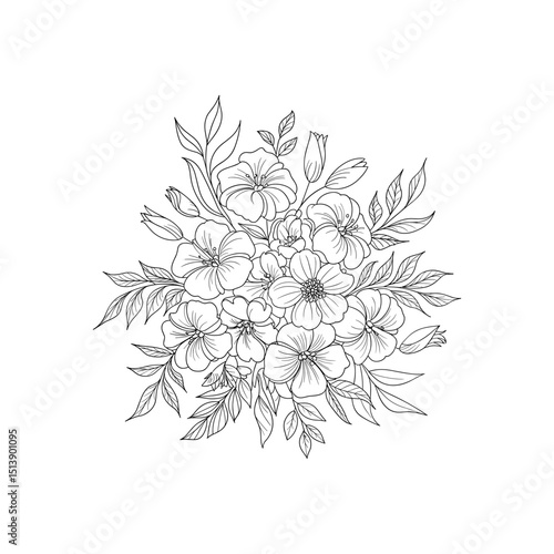 Floral Elegance: A delicate pen and ink drawing of a lush floral arrangement, each petal and leaf rendered with intricate detail, evoking a sense of timeless beauty and artistic finesse.