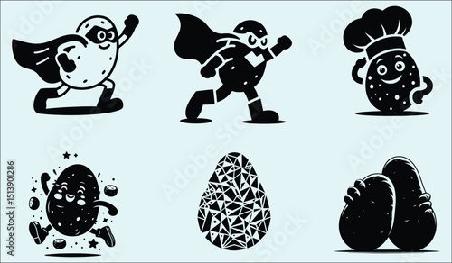 Collection of Potato Cartoon Characters in Different Poses and Styles Black and White