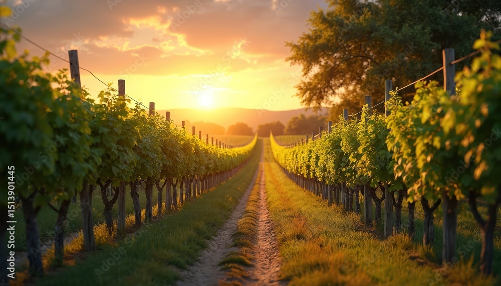 Fototapeta premium Picturesque vineyard at sunset with golden light bathing rows of vines. Charming landscape with rows of grape vines. Farming nature. Agriculture, harvest. Peaceful rural countryside scene at dusk.
