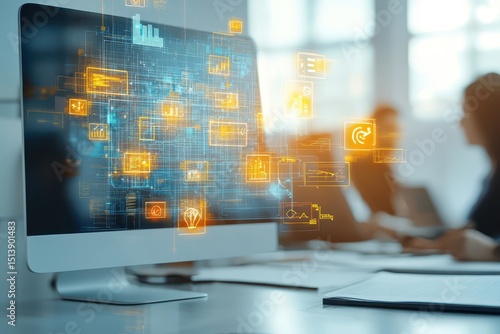 Wallpaper Mural business bright idea concept. Digital interface overlaid on a computer screen in a collaborative workspace. Torontodigital.ca