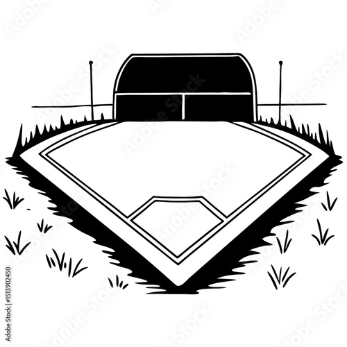 Baseball home plate illustration with grass and dugout in background  
