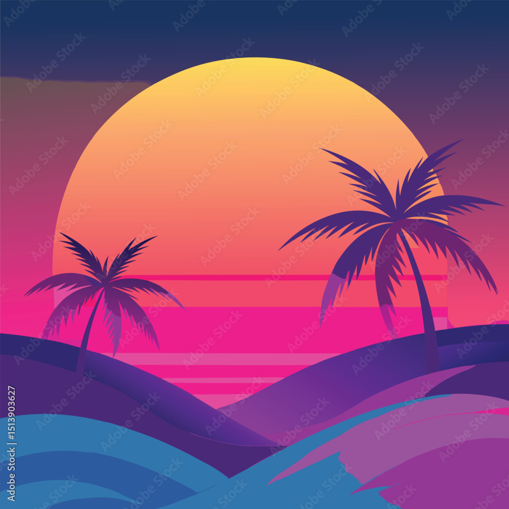 Naklejka premium Retro Futuristic Sunset – 80s Vaporwave Palm Tree Landscape Art,