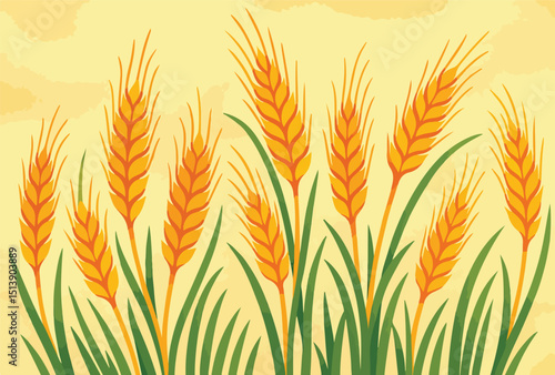 Radiant wheat stalks sway under a golden sky, their vibrant orange heads and green blades capturing the essence of a ripe field.