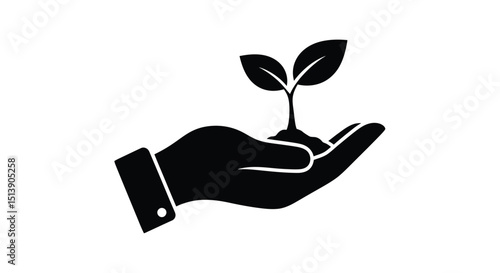 Eco-friendly silhouette of a hand nurturing a seedling, symbolizing growth, sustainability, and green care.

