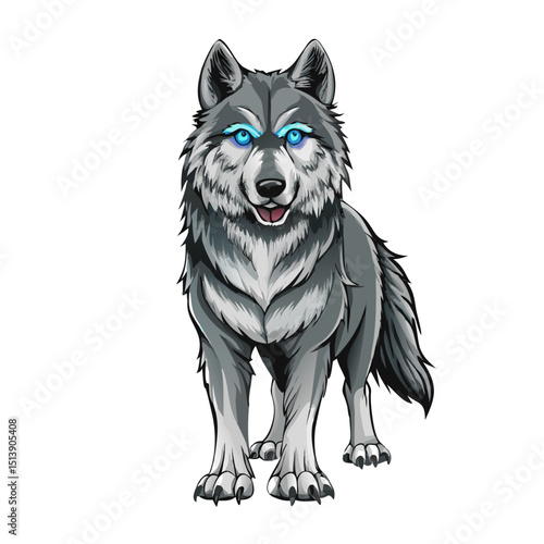 Vector illustration of a majestic wolf with thick fur and piercing blue eyes on white background