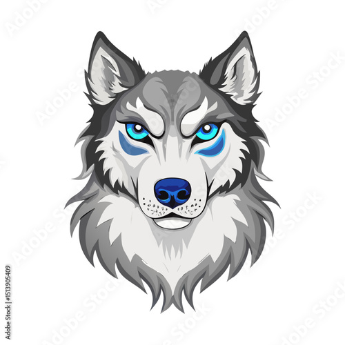 Vector illustration of a majestic wolf with thick fur and piercing blue eyes on white background
