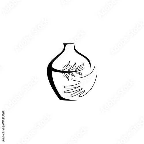 clay pottery logo with combination of hands and leaves in flat design style