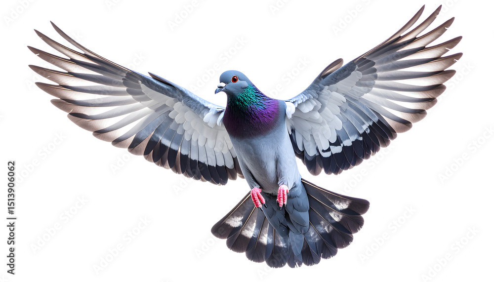 Fototapeta premium Graceful pigeon in flight with bluish-gray body and iridescent neck, displaying detailed gray/white wings and pink toes, on a white background. Emphasizes movement and freedom.