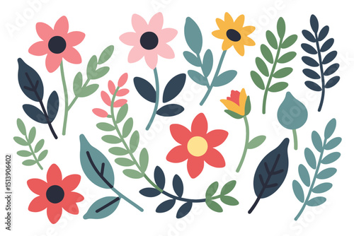 Cute Flower and Leaf Illustration on White Background - Playful Floral Pattern Design - Vector Art for Spring and Summer Projects