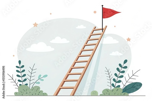 Business Growth and Success Concept – Ladder and Goal Flag Symbol on White Background

