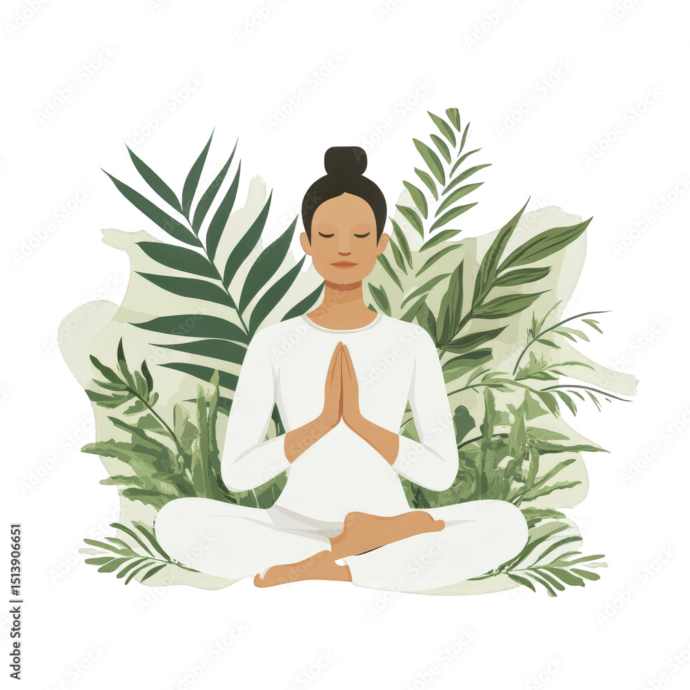 Woman in white meditating with plants behind her sitting on isolate background Woman in white meditating with plants behind her sitting on isolate background