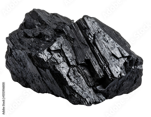 Raw black coal lump, showing rough texture. Symbolizes industrial energy and environmental concerns.