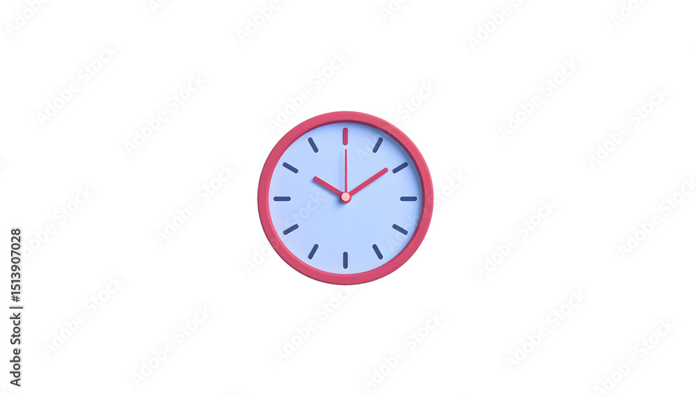 Minimalist 3D clock: red rim, light blue face, red hands, dark blue markers on white background. Perfect for modern time-themed designs. Minimalist 3D clock: red rim, light blue face, red hands, dark blue markers on white background. Perfect for modern time-themed designs.