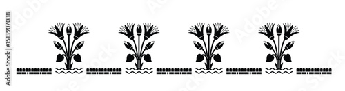 Seamless illustration based on Egyptian national ornament with lotus flowers and water in linear style.
