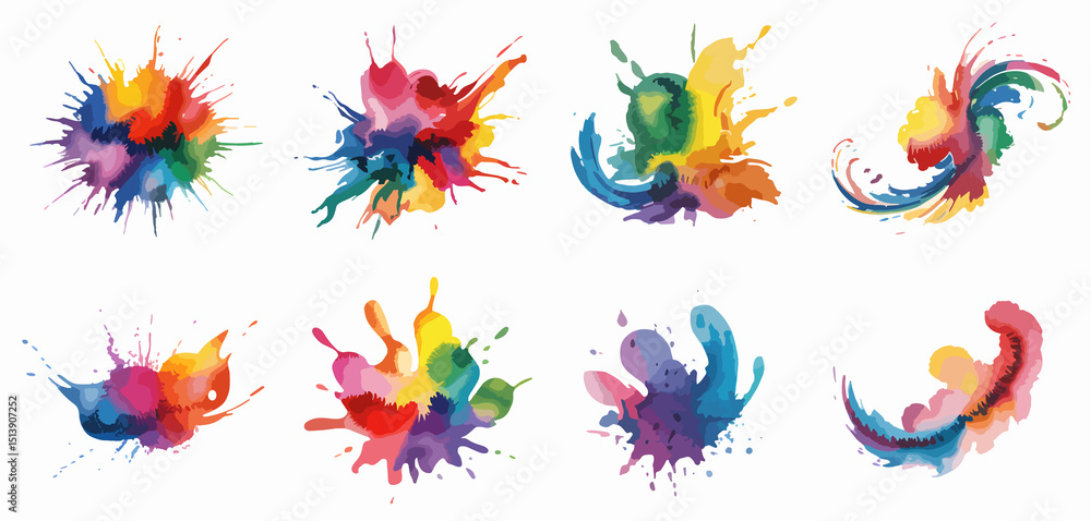Fototapeta premium Collection of Colorful Watercolor Paint Splashes and Blots on Black Background