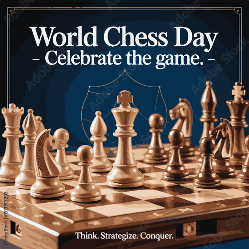 World Chess Day Celebration Banner – Abstract Chessboard Background with King and Queen Pieces.