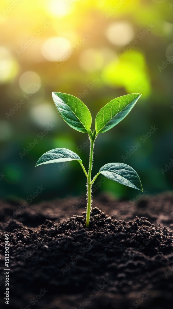 Fototapeta premium Emerging sprout in fertile earth, bathed in sunlight.