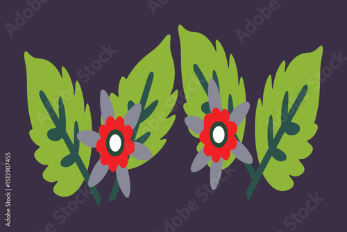 Vector Graphic of White Flowers with Red Centers and Green Leaves - Simple Floral Illustration for Design Projects - Botanical Image with Clean Lines