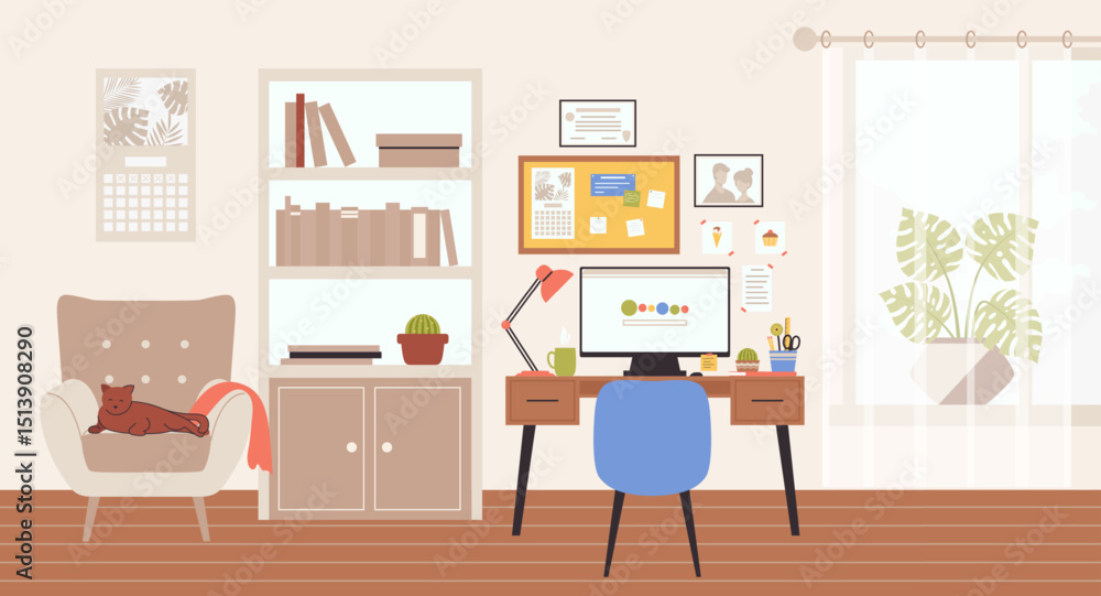 Fototapeta premium Cartoon Color Workplace with Desk, Armchair with Cat and Wardrobe Room Interior Inside Concept. Vector illustration