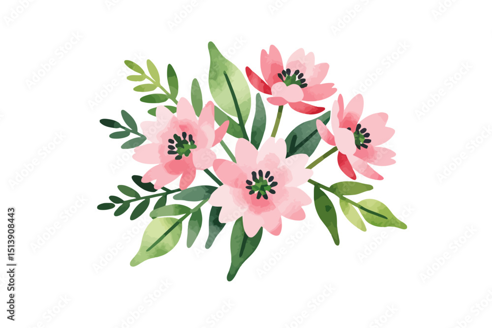 Fototapeta premium Watercolor Pink Flower Bouquet Illustration - Delicate Floral Arrangement with Green Leaves - Perfect for Wedding Invitations and Spring Designs