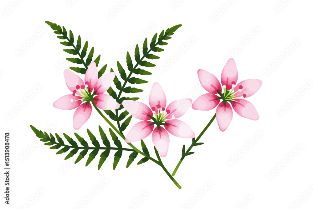 Fototapeta premium Watercolor Pink Flowers and Green Ferns Illustration - Delicate Floral Design for Spring and Summer Projects - Botanical Art Print for Invitations and Crafts