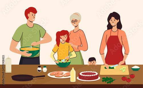 Cartoon Color Characters People and Family Cooking Together Spend Time Concept Flat Design Style. Vector illustration