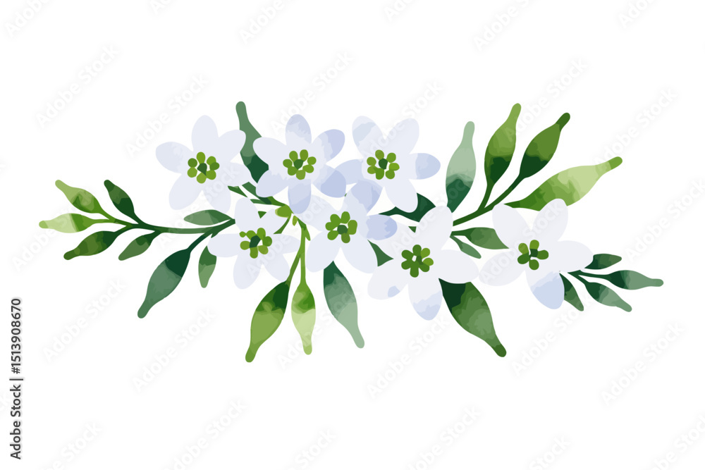 Obraz premium Watercolor White Flower Clipart - Delicate Floral Arrangement for Wedding Invitations - Hand Painted Botanical Illustration with Green Leaves for Spring Designs
