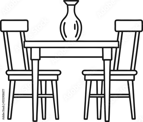 Outline a dining table with two chairs, a common piece of furniture used for eating meals