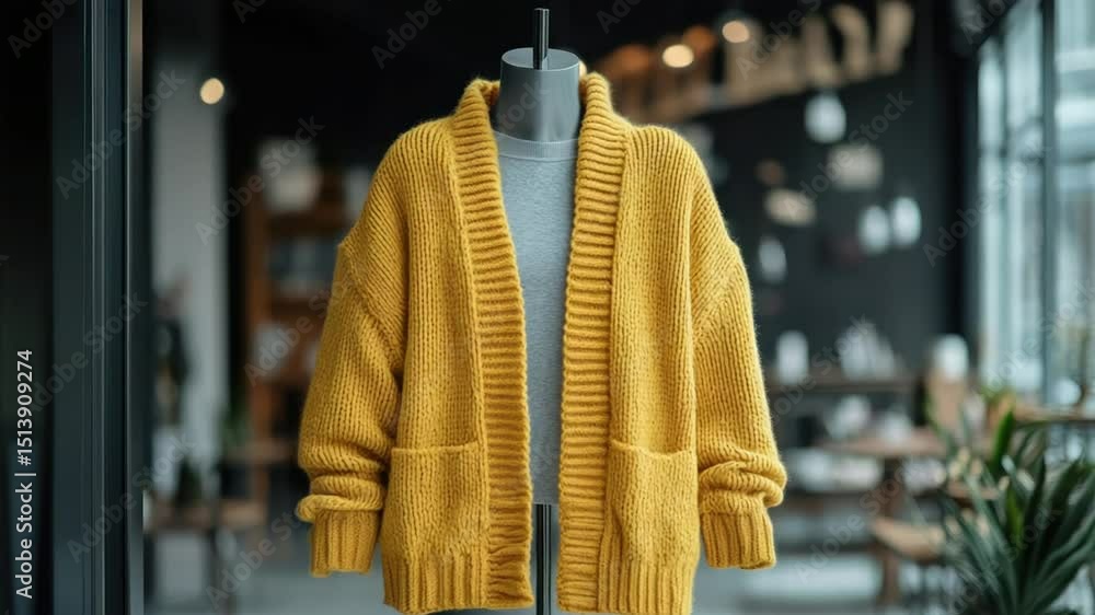 Mustard yellow knitted cardigan on a mannequin Mustard yellow knitted cardigan on a mannequin