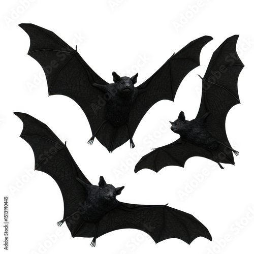 Group of bats flying, halloween decoration element, dark creatures isolated on transparent background